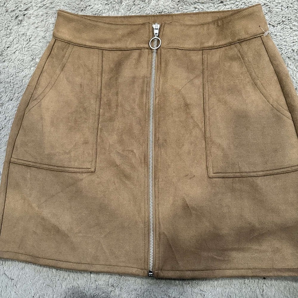 Tan Suede Mini Skirt with Front Zipper